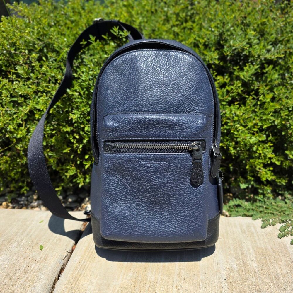 Rare Coach West Pack Sling Bag In Navy Pebbled Leather; Strap Adapts to L or R